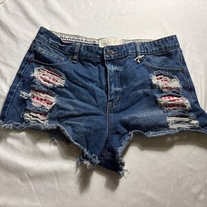 PROJECT REBEL DENIM Raw Hem Checkered Medium Wash High Rise Cut Off Shorts BL